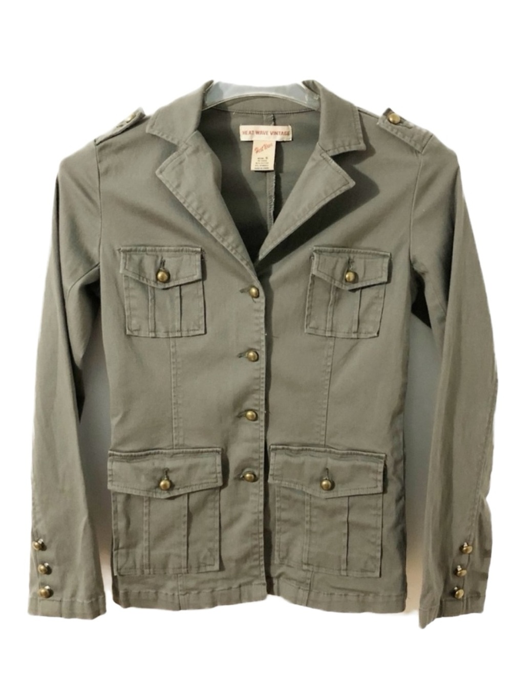 Heat Wave Vintage Military Style Jacket Brass Buttons Utility Pockets Size Small